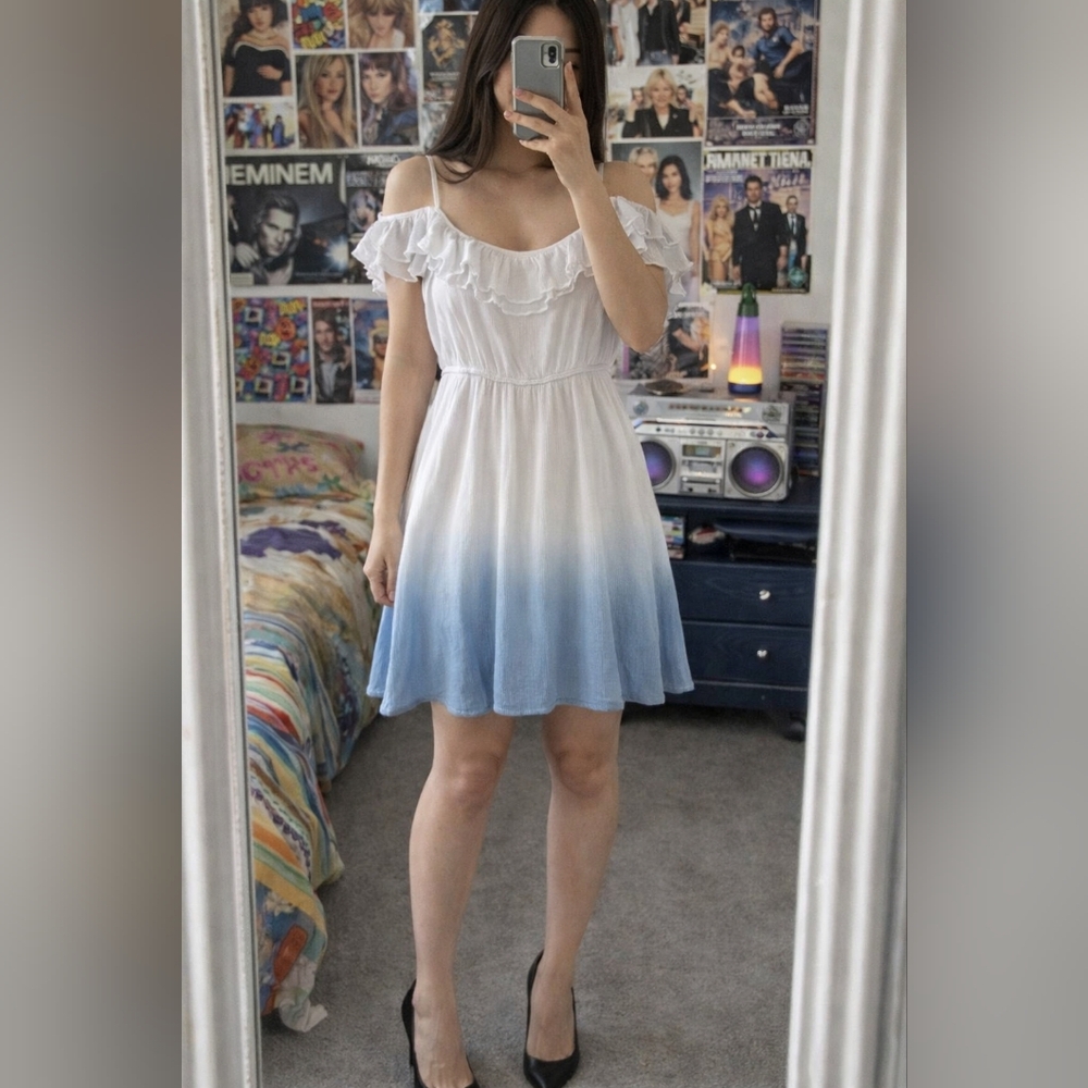 Andrée‎ by Unit White Blue Ombre Dress Ruffle Strap Boho Sz M EUC